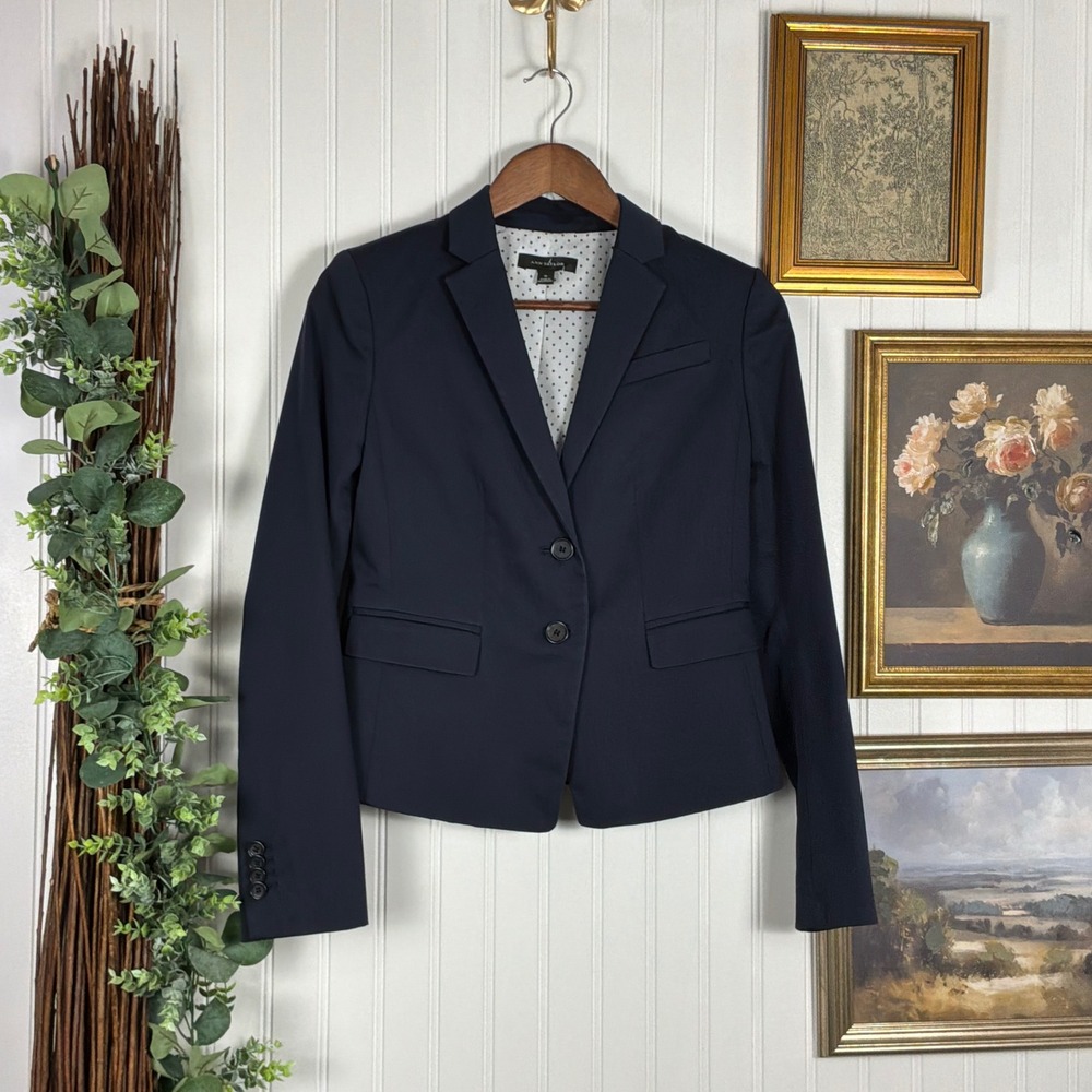 Ann Taylor Blazer Women Size 0 Navy Blue Good Polka Dot Lining Two Button